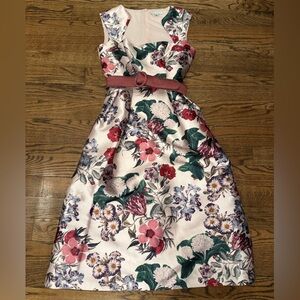 Kay Unger New York Floral Satin Fit & Flare Dress Belted Botanical Print Size 10